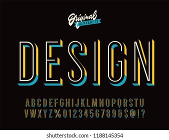 Alfabeto condensado en 3D "Diseño" Vintage en línea. Tipografía Retro de la Escuela Nostálgica Antigua. Ilustración vectorial.