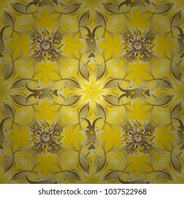 Design vintage for card, wallpaper, wrapping, textile. Seamless pattern golden elements. Vector illustration. Gold template. Royal retro on yellow, neutral and brown colors. Floral classic texture.