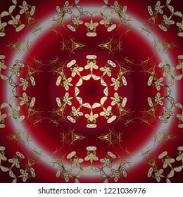Design vintage for card, wallpaper, wrapping, textile. Vector illustration. Ornamental pattern golden elements. Gold template. Royal retro on red, pink and neutral colors. Floral classic texture.