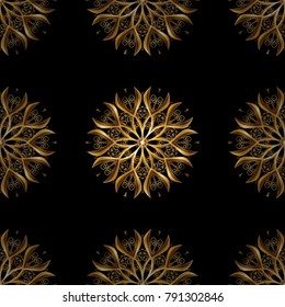 Design vintage for card, wallpaper, wrapping, textile. Royal retro on black colors. Vector illustration. Seamless pattern golden elements. Gold template. Floral classic texture.