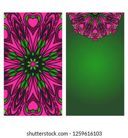 Design Vintage Cards With Floral Mandala Pattern And Ornaments. Vector Template. Islam, Arabic, Indian, Mexican Ottoman Motifs. Gradient color Background.