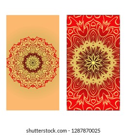 Design Vintage Cards With Floral Mandala Pattern And Ornaments. Vector illustration. Gold, red color. For Wedding, Bridal, Valentine's Day, Greeting Card Invitation