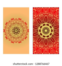 Design Vintage Cards With Floral Mandala Pattern And Ornaments. Vector illustration. Gold, red color. For Wedding, Bridal, Valentine's Day, Greeting Card Invitation