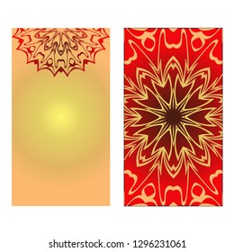 Design Vintage Cards With Floral Mandala Pattern And Ornaments. Vector illustration. Gold, red color. For Wedding, Bridal, Valentine's Day, Greeting Card Invitation