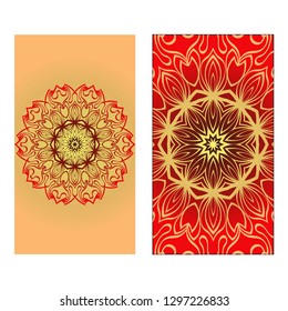 Design Vintage Cards With Floral Mandala Pattern And Ornaments. Vector illustration. Gold, red color. For Wedding, Bridal, Valentine's Day, Greeting Card Invitation