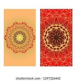 Design Vintage Cards With Floral Mandala Pattern And Ornaments. Vector illustration. Gold, red color. For Wedding, Bridal, Valentine's Day, Greeting Card Invitation