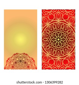 Design Vintage Cards With Floral Mandala Pattern And Ornaments. Vector illustration. Gold, red color. For Wedding, Bridal, Valentine's Day, Greeting Card Invitation