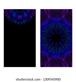 Design Vintage Cards With Floral Mandala Pattern And Ornaments. Vector Template. Islam, Arabic, Indian, Mexican Ottoman Motifs. Hand Drawn Background. Black blue purple color.