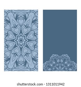 Design Vintage Cards With Floral Mandala Pattern And Ornaments. Vector Template. Islam, Arabic, Indian, Mexican Ottoman Motifs. Hand Drawn Background. Pastel blue color.