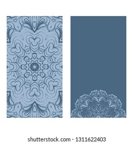 Design Vintage Cards With Floral Mandala Pattern And Ornaments. Vector Template. Islam, Arabic, Indian, Mexican Ottoman Motifs. Hand Drawn Background. Pastel blue color.