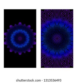 Design Vintage Cards With Floral Mandala Pattern And Ornaments. Vector Template. Islam, Arabic, Indian, Mexican Ottoman Motifs. Hand Drawn Background. Black blue purple color.