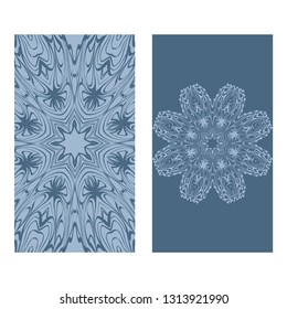 Design Vintage Cards With Floral Mandala Pattern And Ornaments. Vector Template. Islam, Arabic, Indian, Mexican Ottoman Motifs. Hand Drawn Background. Pastel blue color.