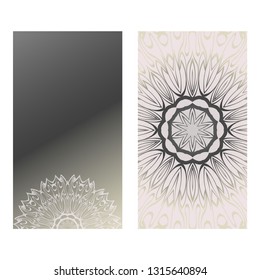 Design Vintage Cards With Floral Mandala Pattern And Ornaments. Vector Template. Islam, Arabic, Indian, Mexican Ottoman Motifs. Hand Drawn Background. Grey silver color.