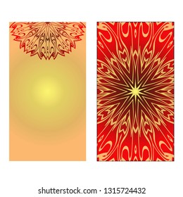 Design Vintage Cards With Floral Mandala Pattern And Ornaments. Vector illustration. Gold, red color. For Wedding, Bridal, Valentine's Day, Greeting Card Invitation