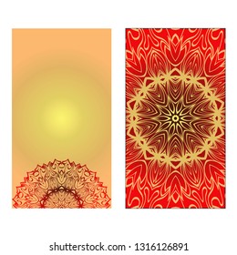 Design Vintage Cards With Floral Mandala Pattern And Ornaments. Vector illustration. Gold, red color. For Wedding, Bridal, Valentine's Day, Greeting Card Invitation