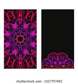 Design Vintage Cards With Floral Mandala Pattern And Ornaments. Vector Illustatration. The Front And Rear Side. Black purple color.