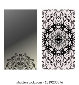 Design Vintage Cards With Floral Mandala Pattern And Ornaments. Vector Template. Islam, Arabic, Indian, Mexican Ottoman Motifs. Hand Drawn Background. Black grey color.