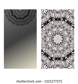 Design Vintage Cards With Floral Mandala Pattern And Ornaments. Vector Template. Islam, Arabic, Indian, Mexican Ottoman Motifs. Hand Drawn Background. Black grey color.