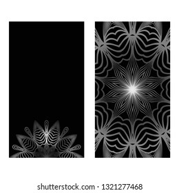 Design Vintage Cards With Floral Mandala Pattern And Ornaments. Vector Illustatration. The Front And Rear Side. Black silver color.