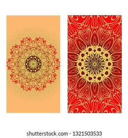 Design Vintage Cards With Floral Mandala Pattern And Ornaments. Vector illustration. Gold, red color. For Wedding, Bridal, Valentine's Day, Greeting Card Invitation