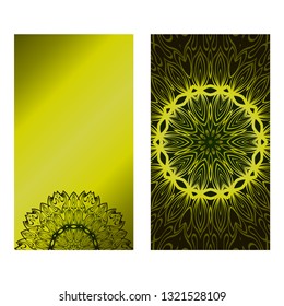 Design Vintage Cards With Floral Mandala Pattern And Ornaments. Vector Template. Islam, Arabic, Indian, Mexican Ottoman Motifs. Hand Drawn Background. Green olive gradient color.