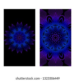 Design Vintage Cards With Floral Mandala Pattern And Ornaments. Vector Template. Islam, Arabic, Indian, Mexican Ottoman Motifs. Hand Drawn Background. Black blue purple color.