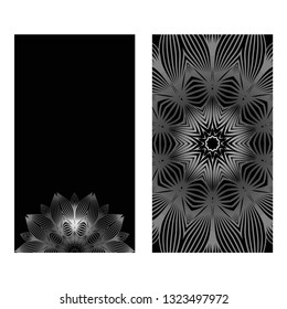 Design Vintage Cards With Floral Mandala Pattern And Ornaments. Vector Illustatration. The Front And Rear Side. Black silver color.