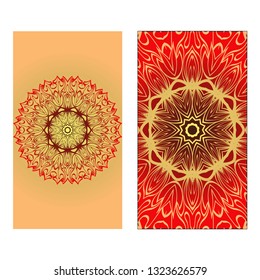 Design Vintage Cards With Floral Mandala Pattern And Ornaments. Vector illustration. Gold, red color. For Wedding, Bridal, Valentine's Day, Greeting Card Invitation