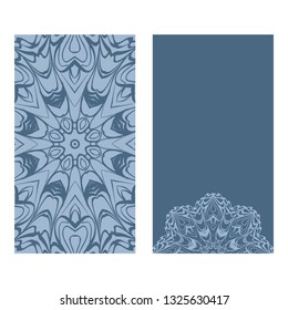 Design Vintage Cards With Floral Mandala Pattern And Ornaments. Vector Template. Islam, Arabic, Indian, Mexican Ottoman Motifs. Hand Drawn Background. Pastel blue color.