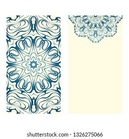 Design Vintage Cards With Floral Mandala Pattern And Ornaments. Vector Template. Islam, Arabic, Indian, Mexican Ottoman Motifs. Hand Drawn Background. Milk blue color.