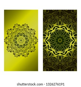 Design Vintage Cards With Floral Mandala Pattern And Ornaments. Vector Template. Islam, Arabic, Indian, Mexican Ottoman Motifs. Hand Drawn Background. Green olive gradient color.