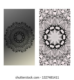 Design Vintage Cards With Floral Mandala Pattern And Ornaments. Vector Template. Islam, Arabic, Indian, Mexican Ottoman Motifs. Hand Drawn Background. Black grey color.