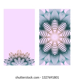 Design Vintage Cards With Floral Mandala Pattern And Ornaments. Vector Template. Islam, Arabic, Indian, Mexican Ottoman Motifs. Hand Drawn Background. Romantic color.
