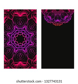 Design Vintage Cards With Floral Mandala Pattern And Ornaments. Vector Illustatration. The Front And Rear Side. Black purple color.