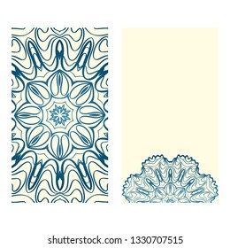 Design Vintage Cards With Floral Mandala Pattern And Ornaments. Vector Template. Islam, Arabic, Indian, Mexican Ottoman Motifs. Hand Drawn Background. Milk blue color.