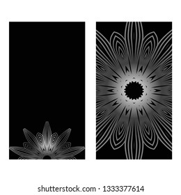 Design Vintage Cards With Floral Mandala Pattern And Ornaments. Vector Illustatration. The Front And Rear Side. Black silver color.