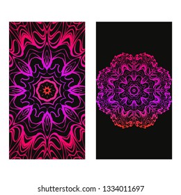 Design Vintage Cards With Floral Mandala Pattern And Ornaments. Vector Illustatration. The Front And Rear Side. Black purple color.