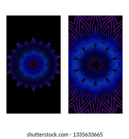 Design Vintage Cards With Floral Mandala Pattern And Ornaments. Vector Template. Islam, Arabic, Indian, Mexican Ottoman Motifs. Hand Drawn Background. Black blue purple color.