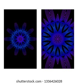Design Vintage Cards With Floral Mandala Pattern And Ornaments. Vector Template. Islam, Arabic, Indian, Mexican Ottoman Motifs. Hand Drawn Background. Black blue purple color.
