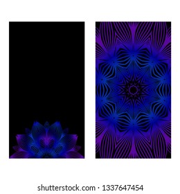 Design Vintage Cards With Floral Mandala Pattern And Ornaments. Vector Template. Islam, Arabic, Indian, Mexican Ottoman Motifs. Hand Drawn Background. Black blue purple color.