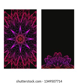 Design Vintage Cards With Floral Mandala Pattern And Ornaments. Vector Illustatration. The Front And Rear Side. Black purple color.