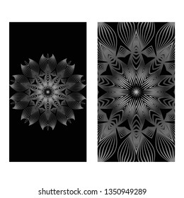 Design Vintage Cards With Floral Mandala Pattern And Ornaments. Vector Illustatration. The Front And Rear Side. Black silver color.