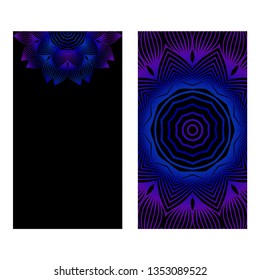 Design Vintage Cards With Floral Mandala Pattern And Ornaments. Vector Template. Islam, Arabic, Indian, Mexican Ottoman Motifs. Hand Drawn Background. Black blue purple color.