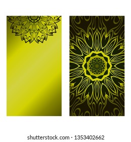 Design Vintage Cards With Floral Mandala Pattern And Ornaments. Vector Template. Islam, Arabic, Indian, Mexican Ottoman Motifs. Hand Drawn Background. Green olive gradient color.