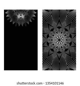 Design Vintage Cards With Floral Mandala Pattern And Ornaments. Vector Illustatration. The Front And Rear Side. Black silver color.