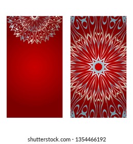 Design Vintage Cards With Floral Mandala Pattern And Ornaments. Vector Illustatration. The Front And Rear Side. Red silver color.