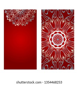 Design Vintage Cards With Floral Mandala Pattern And Ornaments. Vector Illustatration. The Front And Rear Side. Red silver color.