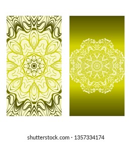 Design Vintage Cards With Floral Mandala Pattern And Ornaments. Vector Template. Islam, Arabic, Indian, Mexican Ottoman Motifs. Hand Drawn Background. Olive color.