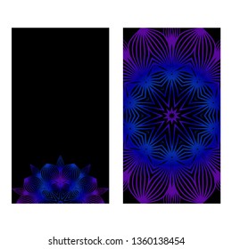 Design Vintage Cards With Floral Mandala Pattern And Ornaments. Vector Template. Islam, Arabic, Indian, Mexican Ottoman Motifs. Hand Drawn Background. Black blue purple color.