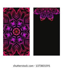 Design Vintage Cards With Floral Mandala Pattern And Ornaments. Vector Illustatration. The Front And Rear Side. Black purple color.